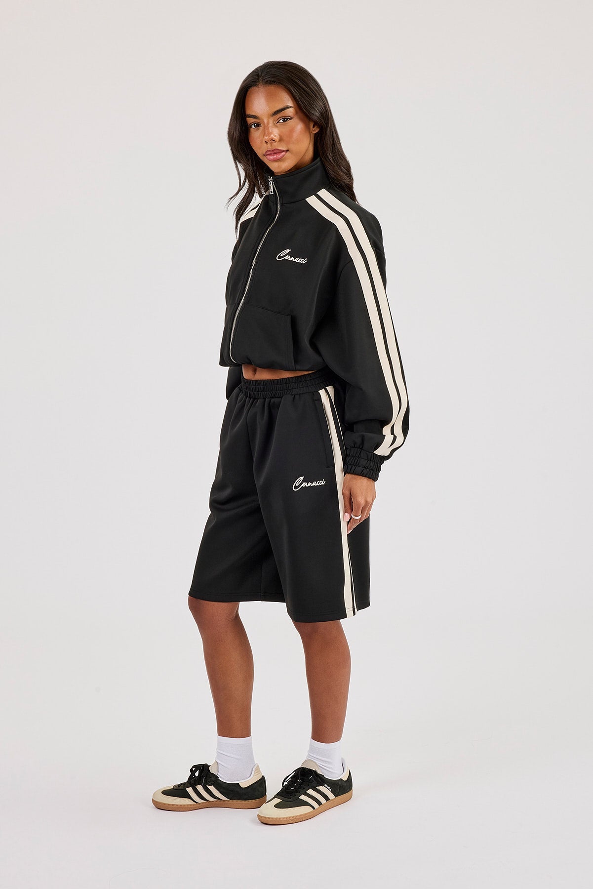 Taping Cropped Funnel Neck Jacket & Jort - Black